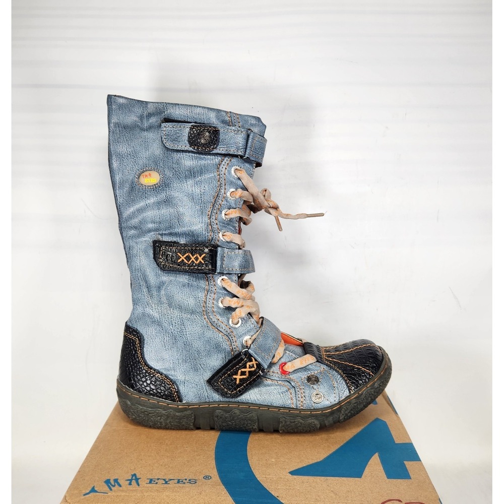 TMA Eyes Pirate Boots Women Size 10.5 Black Patchwork Steampunk Lace-Up Boots